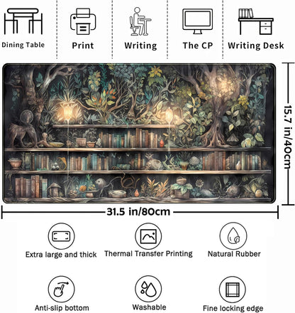 Forest Library Book Mouse Pad Desk Mat, Mystical Green Tree House XXL Extended Large Gaming Desk Pad Mousepad Computer Laptop Keyboard and Mouse Mat, Office Desk Decor Pad for Women 31.5x15.7 in