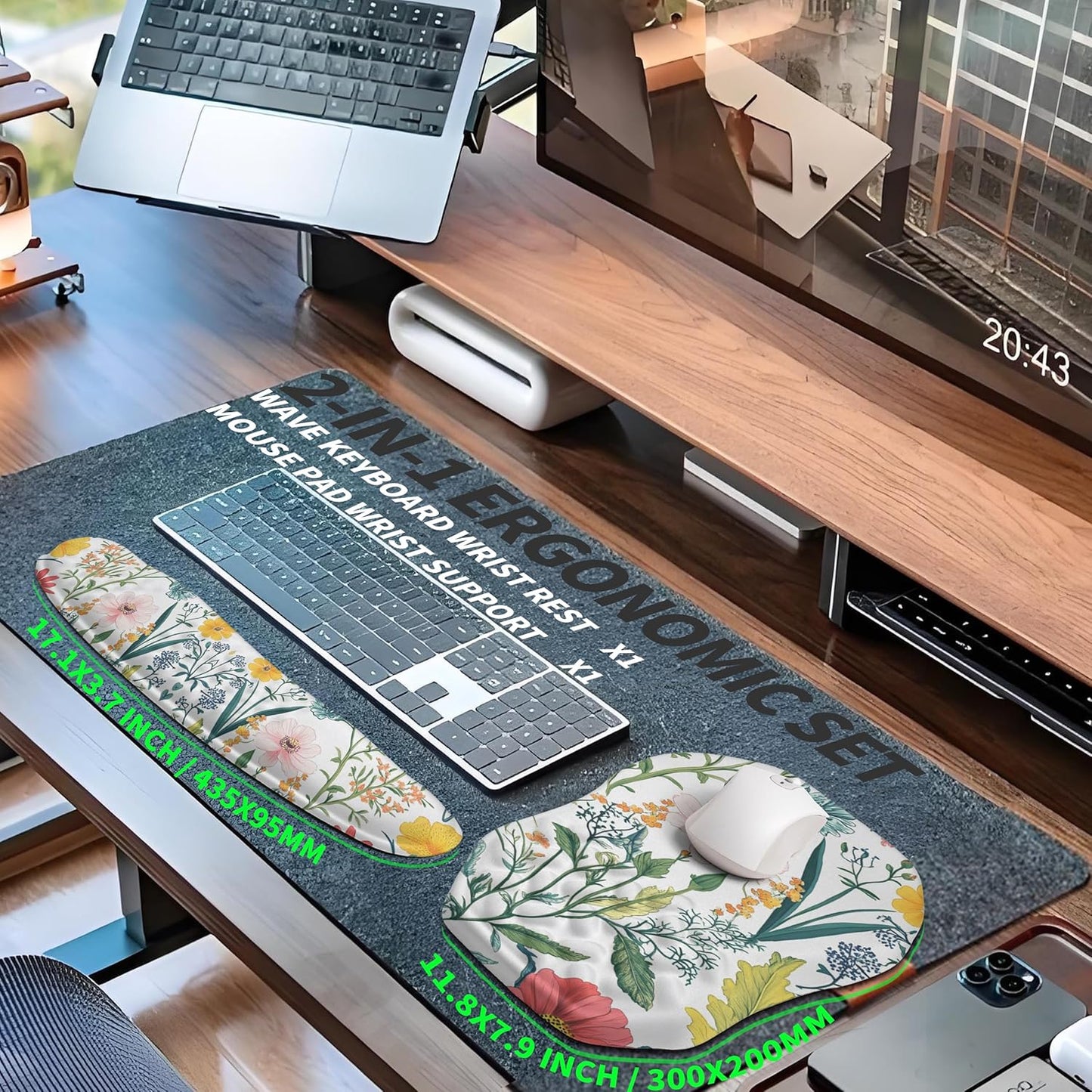 2-in-1 Ergonomic Set, Wave Keyboard Wrist Rest and Massage Slope Mouse Pad Wrist Support, Rebound Memory Foam for Relieve Carpal Tunnel Syndrome and Wrist Pain (Pink Flowers)