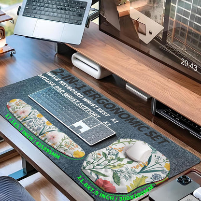 2-in-1 Ergonomic Set, Wave Keyboard Wrist Rest and Massage Slope Mouse Pad Wrist Support, Rebound Memory Foam for Relieve Carpal Tunnel Syndrome and Wrist Pain (Pink Flowers)