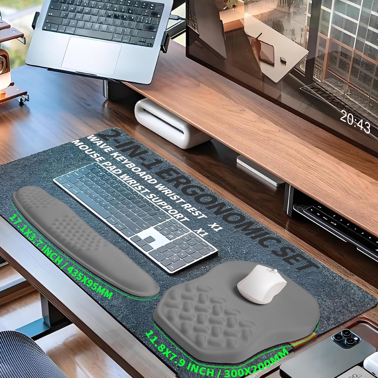 2-in-1 Ergonomic Set, Wave Keyboard Wrist Rest and Massage Slope Mouse Pad Wrist Support, Rebound Memory Foam for Relieve Carpal Tunnel Syndrome and Wrist Pain (Dark Grey)