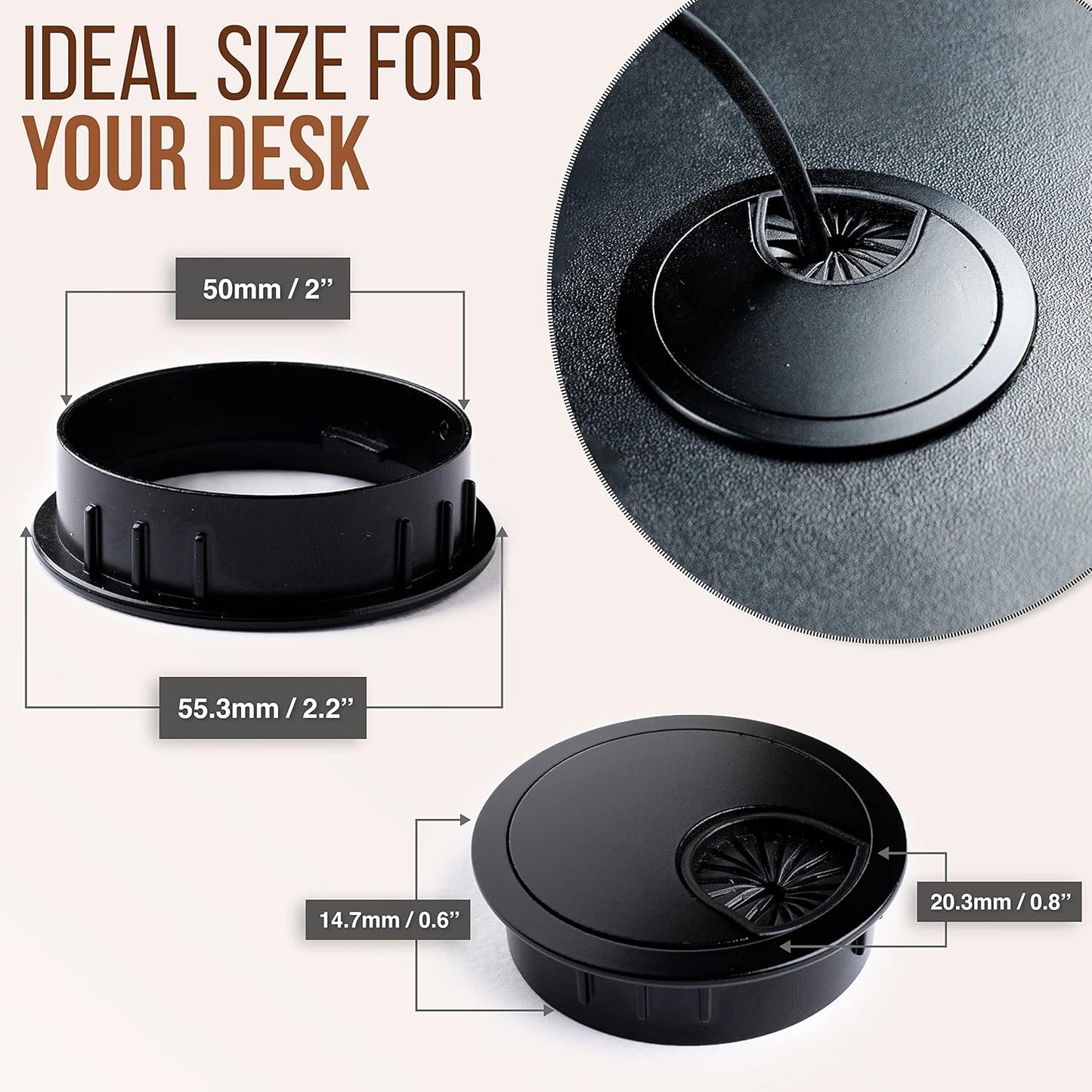 MAHDPRO Metal Desk Grommet 2 Inch (50 mm) Pack of 2-Flat Black Zinc Alloy Metallic Desk Cord Hole Cover to Arrange Cables & Wires Through Computer Table/Countertops