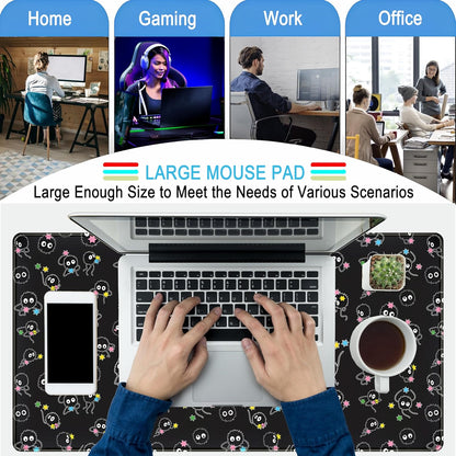 Desk Mat Cute Black Anime Sprite Gaming Mouse Pad XXL Large Extended Kawaii Laptop Keyboard Mouse Mat with Stitched Edges, Non-Slip Computer Desktop Mat for Women Office Desk Decor 31.5x15.7 in