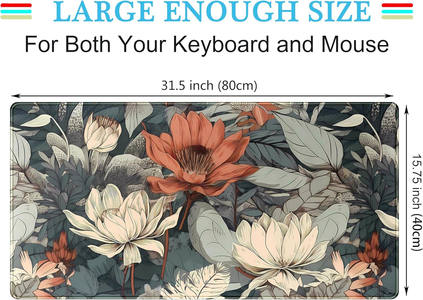 Vintage Floral Desk Mat XXL Large Gaming Mouse Pad Extended Desk Pad, Tropical Plants Laptop Keyboard Mouse Mat with Stitched Edges 31.5x15.75 in, Computer Mat Mousepad for desk Decor Office Gift