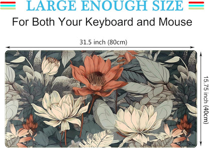Vintage Floral Desk Mat XXL Large Gaming Mouse Pad Extended Desk Pad, Tropical Plants Laptop Keyboard Mouse Mat with Stitched Edges 31.5x15.75 in, Computer Mat Mousepad for desk Decor Office Gift