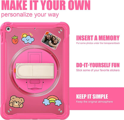 ZenRich Clear Case for iPad 9th/8th/7th Generation 10.2 inch 2021/2020/2019, Shockproof Slim Hard Case with Pencil Holder/360°Rotating Kickstand/Handle/Carrying Strap, Rose