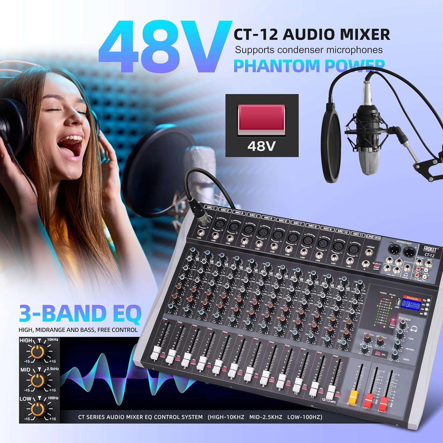 Pro DJ Mixer 12-Channel Audio Console - Bluetooth/USB Streaming, 48V Phantom Power, 3-Band EQ for Live Stage, Recording Studio & Karaoke Systems (CT-12)