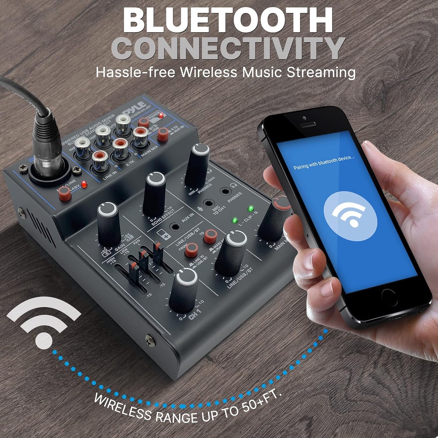 Pyle 3-Channel Professional Wireless DJ Audio Mixer - Bluetooth 5.0 - USB Interface - XLR+6.35mm Mic/Line/Guitar Input - 3.5mm Mic Input - RCA - AUX - Headphone Jack - +48V Phantom Power - PAD33MXUBT