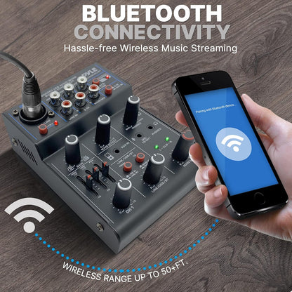 Pyle 3-Channel Professional Wireless DJ Audio Mixer - Bluetooth 5.0 - USB Interface - XLR+6.35mm Mic/Line/Guitar Input - 3.5mm Mic Input - RCA - AUX - Headphone Jack - +48V Phantom Power - PAD33MXUBT