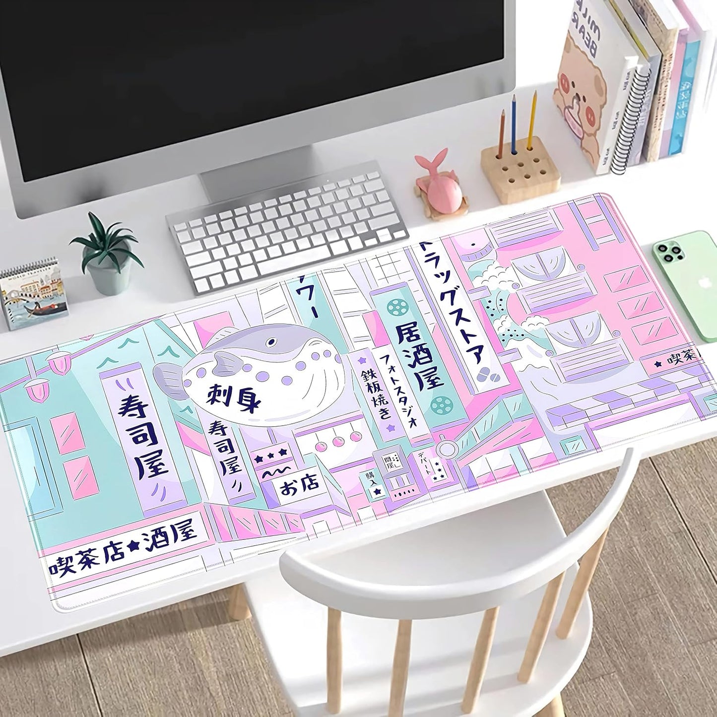 Pastel Tokyo Street Cute Desk Mat - Kawaii Anime Japanese Large Gaming Mousepad - Beige Desktop Laptop Keyboard Mouse Pad - City Aesthetics for Women Girl 31.5x15.75 in