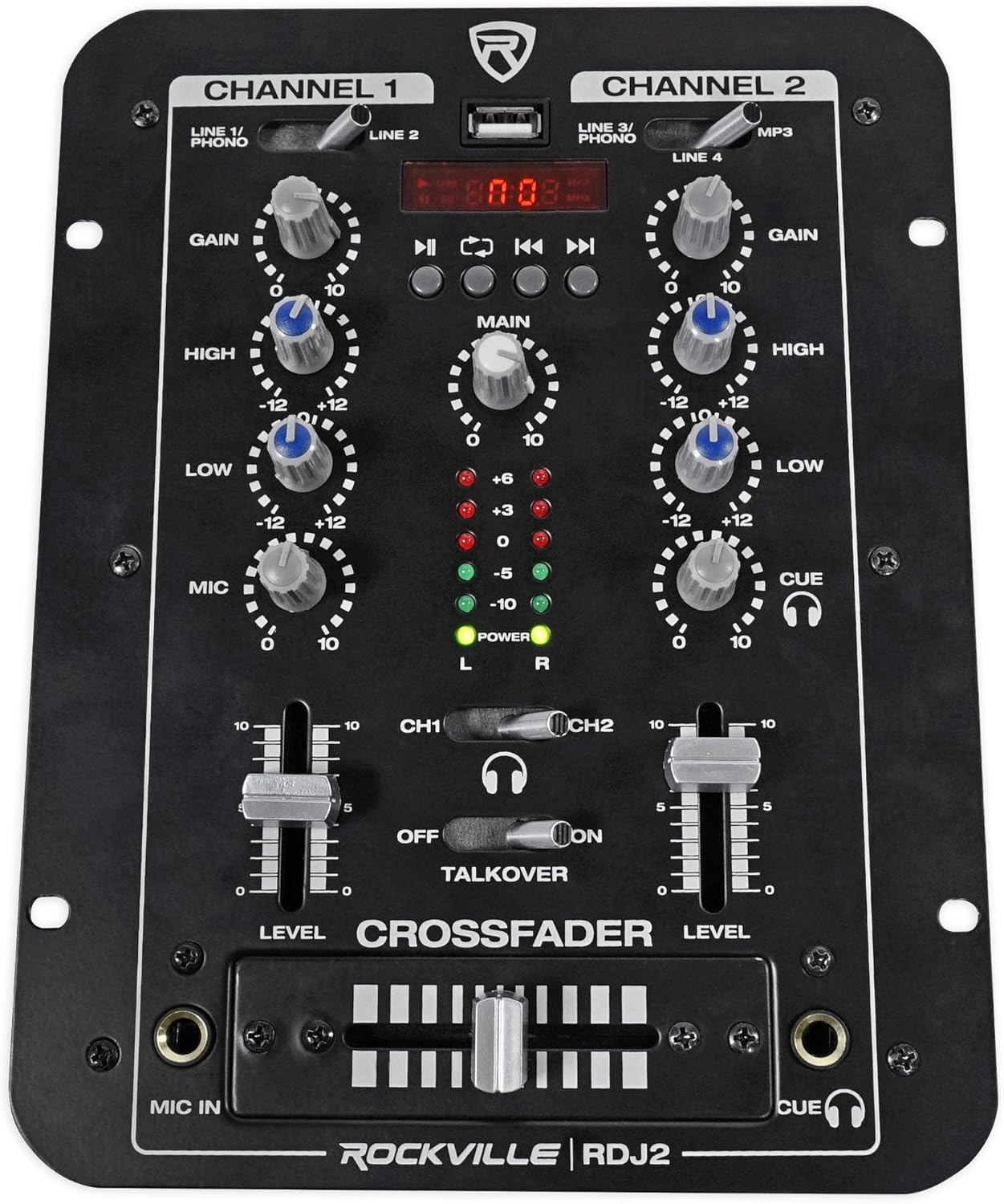 Rockville RDJ2 2-Channel DJ Mixer USB Playback, Cue Monitor, Talkover, 4 Line Inputs, Compact, Portable, for Beginner DJs and Small Events