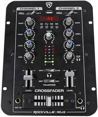Rockville RDJ2 2-Channel DJ Mixer USB Playback, Cue Monitor, Talkover, 4 Line Inputs, Compact, Portable, for Beginner DJs and Small Events
