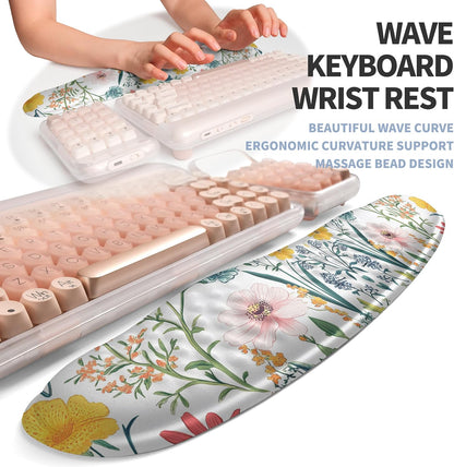 2-in-1 Ergonomic Set, Wave Keyboard Wrist Rest and Massage Slope Mouse Pad Wrist Support, Rebound Memory Foam for Relieve Carpal Tunnel Syndrome and Wrist Pain (Pink Flowers)