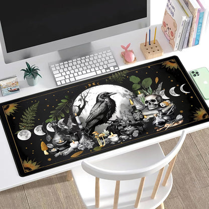 Cute Kawaii Raven Desk Mat XXL Large Extended Gaming Mouse Pad Nature Forest Gothic Mousepad with Stitched Edges, Anime Skull Laptop Keyboard and Mouse Mat Desk Pad for Work Game 31.5x15.7 in