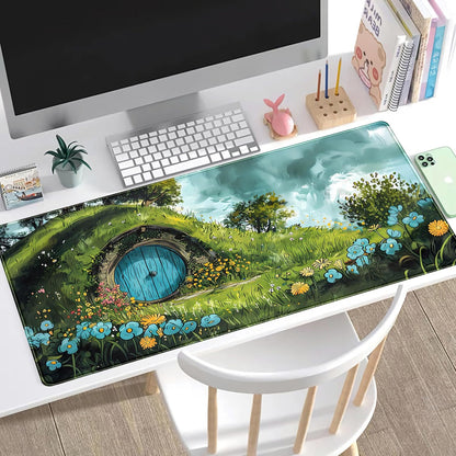 Cute Landscape Cartoons Desk Mat Aesthetic Gaming Mouse Pad XXL Large Extended Green Sage Desk Pad, Laptop Keyboard and Mouse Mat, Computer Desktop Mat Playmat, Women Desk Decor Pad 31.5x15.7 in