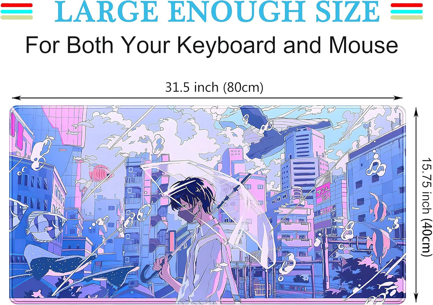 Anime Kawaii Desk Mat Mousepad Cute Japanese Large Gaming Mouse Pad XXL, Pastel Aesthetic Purple Blue Laptop Keyboard Mouse Mat, Magical Fantasy City Girl Gamer Computer Desktop Mat 31.5x15.75 in