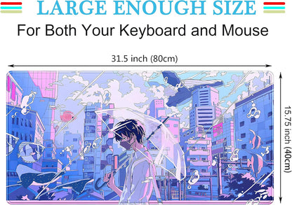 Anime Kawaii Desk Mat Mousepad Cute Japanese Large Gaming Mouse Pad XXL, Pastel Aesthetic Purple Blue Laptop Keyboard Mouse Mat, Magical Fantasy City Girl Gamer Computer Desktop Mat 31.5x15.75 in