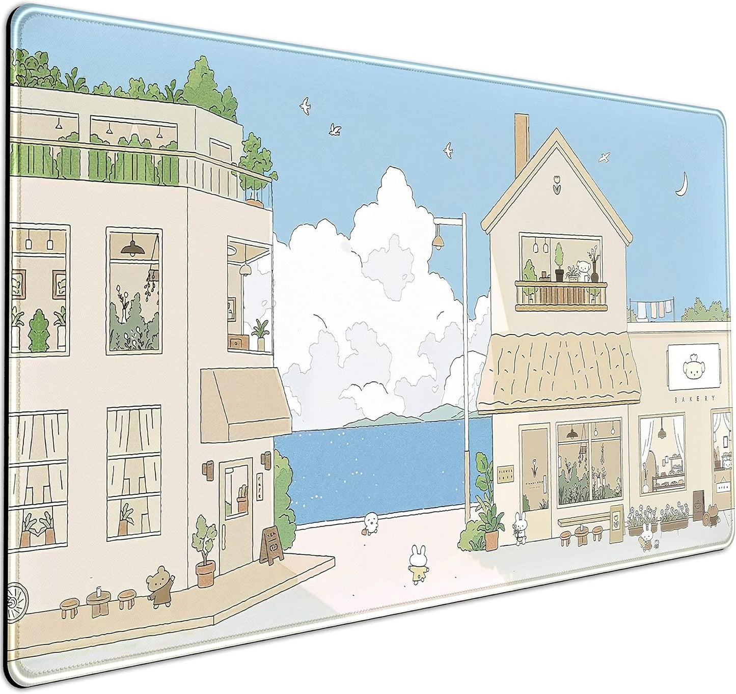 Cute Desk Mat Kawaii Mousepad Japanese Street Mouse Pad, Blue and Brown Cute Anime Keyboard Mat 31.5"x15.75", Large Mouse Pad XXL Gaming Desk Pad XL Office Decor for Women Girls Laptop Keyboard Pad