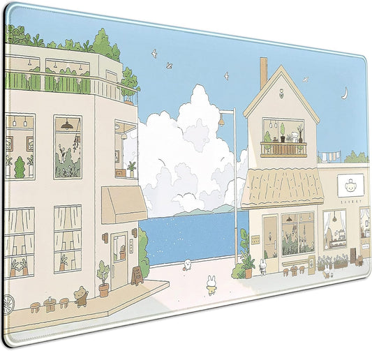 Cute Desk Mat Kawaii Mousepad Japanese Street Mouse Pad, Blue and Brown Cute Anime Keyboard Mat 31.5"x15.75", Large Mouse Pad XXL Gaming Desk Pad XL Office Decor for Women Girls Laptop Keyboard Pad