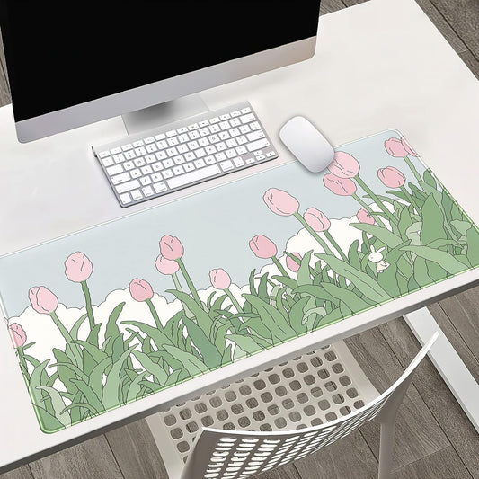 WatercolorTulip Flower Mouse Pads,Extended Gaming Mousepad XXL Kawaii Anime Desk Mat Pink Green Large Full Desk Mouse Pad for Wireless Mouse Keyboard Mat with Stitched Edges 31.5" x15.75