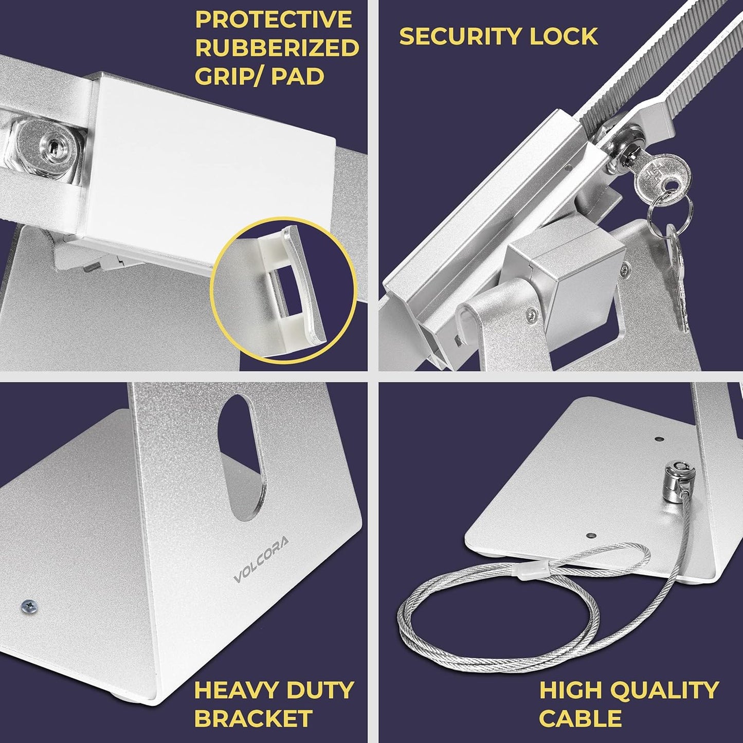 Volcora Anti-Theft Tablet Stand iPad Security Holder with Lock, Silver 10-13 Inch Kiosk Stand Mount, Swivel, Adjustable, for iPad Pro, Air, POS Register, Retail Business, Checkout, Cashier