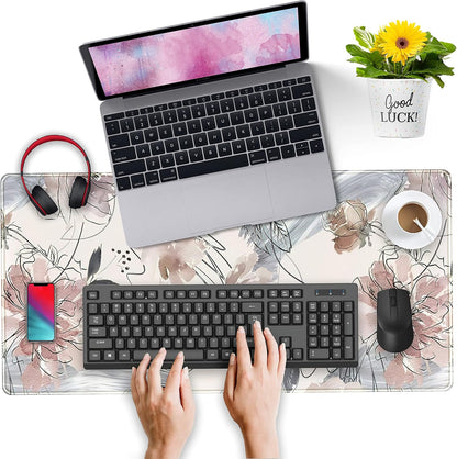 Desk Mat, Abstraction Hand Painted Flowers Extended Gaming Mouse Pad (31.5x15.75 in), Cute Large Non-Slip Rubber Base Mousepad with Stitched Edges, Keyboard Mouse Mat Desk Pad for Game Office
