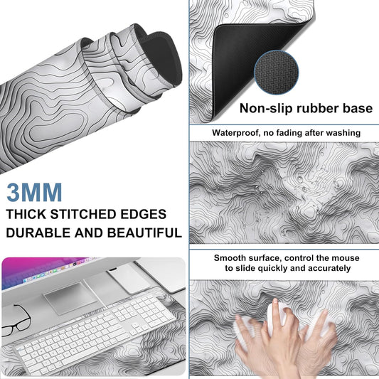 Large Mouse Pad Wave Lines Gaming Desk Pad Computer Keyboard Non-Slip Waterproof Mouse Mat with Rubber Base and Stitched Edges Entertainment Office Writing Desk Mat 35.4 x 15.7 Inches