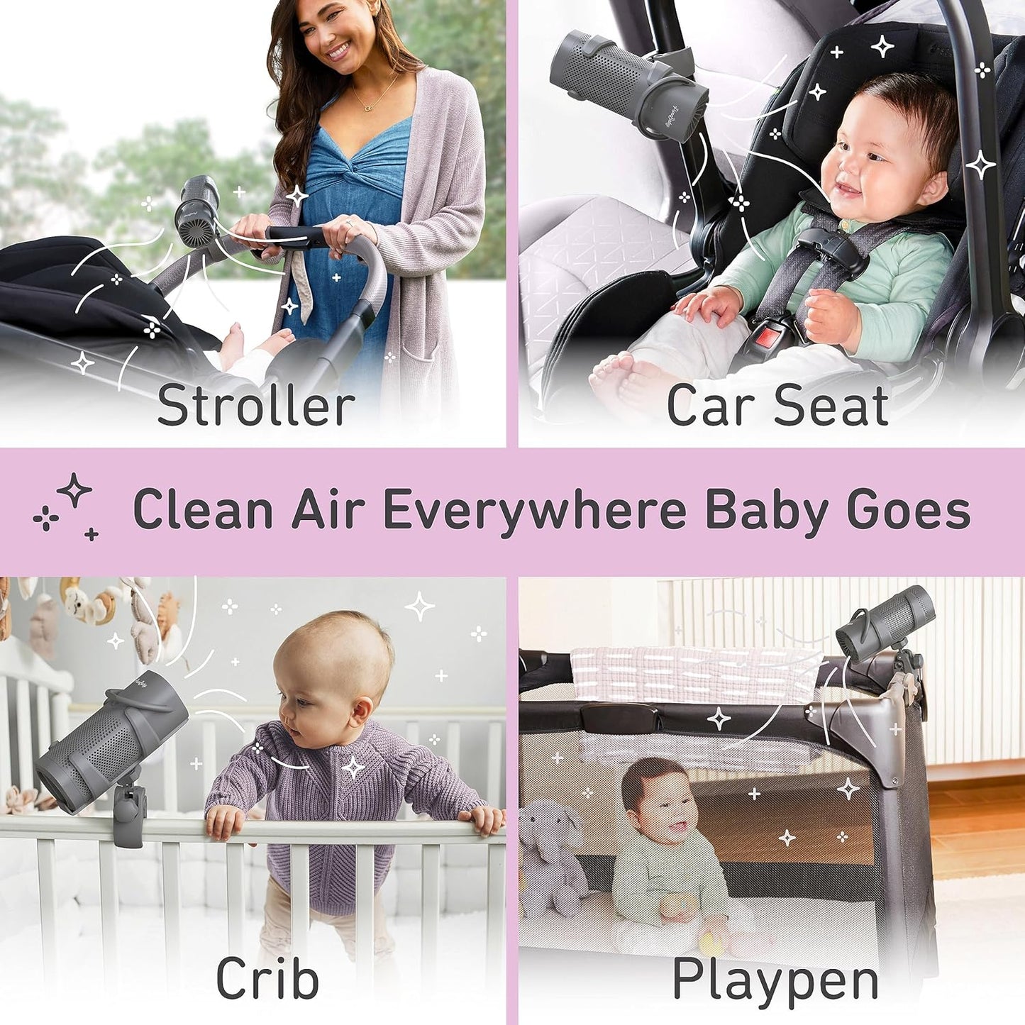 Pure Enrichment PureBaby On-the-Go Air Purifier - Portable Stroller Air Purifier & Adjustable Clamp for Car Seat, Crib, Bassinet & Playpen - True HEPA Filter Removes 99.97% of Allergens Around Baby