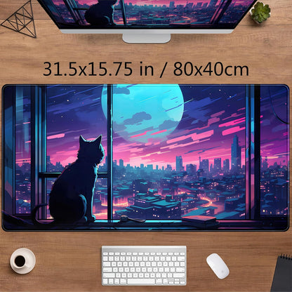 Cool Purple Kawaii Anime Moom Cat Desk Mat XXL Large Gaming Mouse Pad, Cute City Cats Desk Pad for Gamer Girl Women Office Desk Decor Mousepad, Computer Laptop Keyboard and Mouse Mat 31.5x15.75 in