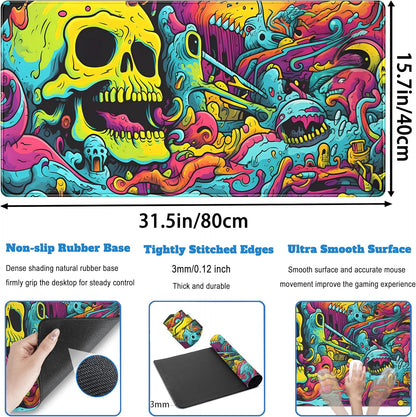 Gaming Desk Mat Skull Desk Pad Extended Mouse Pad XXL, Cool Mouse and Keyboard Mat Big Desktop Mats for Desk, Laptop Mat with Non-Slip Base & Stitched Edges, Office Decor for Men 31.5" x 15.7"