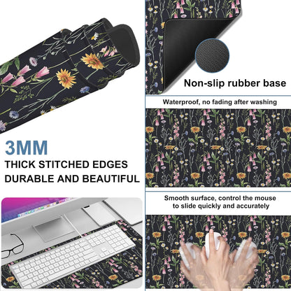 Large Mouse Pad Field Flowers Gaming Desk Pad Computer Keyboard Non-Slip Waterproof Mouse Mat with Rubber Base and Stitched Edges Entertainment Office Writing Desk Mat 35.4 x 15.7 Inches
