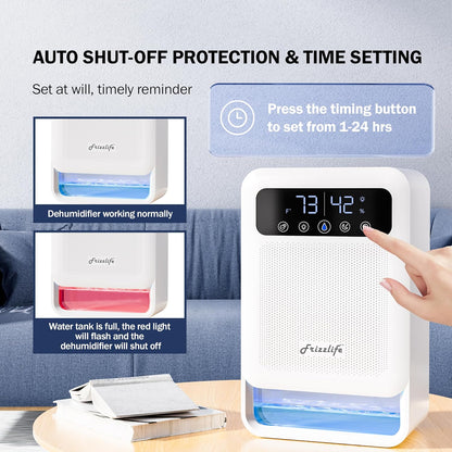 Frizzlife DH80 Air Dehumidifier, 135oz Water Tank W/Purifying Function, Quiet Small Dehumidifiers With Sleep Mode For Home, Bedroom, Bathroom, Basement W/Auto Shut Off, 7 Colors LED Light, White
