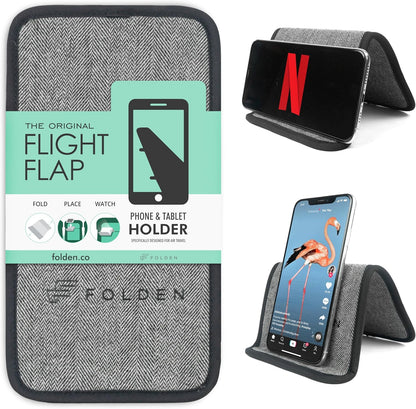 Folden Phone & Tablet Holder Stand 9x5” – Flexible Stand for Flying, Traveling, in-Flight, Zoom Video Calls, Books – Airplane Travel Essential, Compatible with iPhone, Android, Kindle (Tweed)