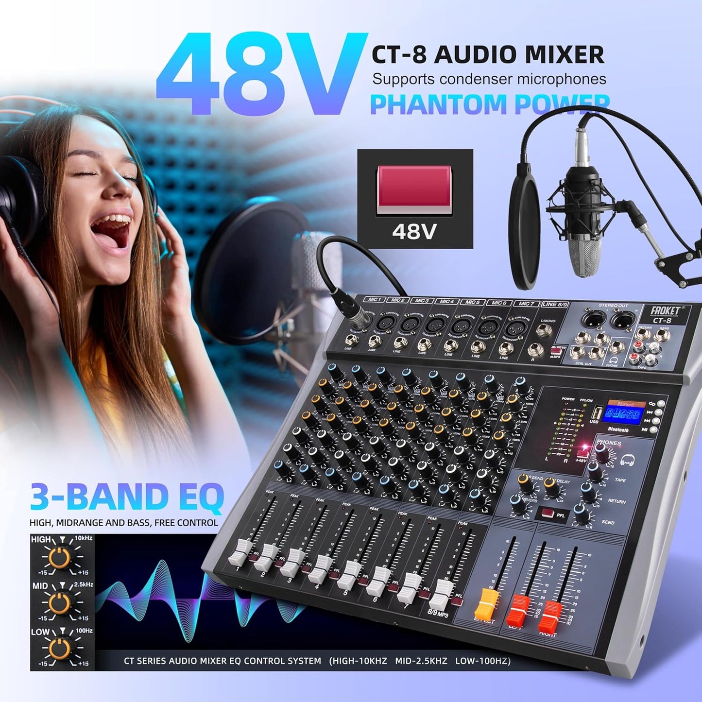 Pro DJ Mixer 8-Channel Audio Console - Bluetooth/USB Streaming, 48V Phantom Power, 3-Band EQ for Live Stage, Recording Studio & Karaoke Systems (CT-8)