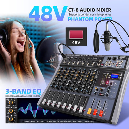 Pro DJ Mixer 8-Channel Audio Console - Bluetooth/USB Streaming, 48V Phantom Power, 3-Band EQ for Live Stage, Recording Studio & Karaoke Systems (CT-8)