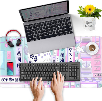 Pastel Tokyo Street Cute Desk Mat - Kawaii Anime Japanese Large Gaming Mousepad - Beige Desktop Laptop Keyboard Mouse Pad - City Aesthetics for Women Girl 31.5x15.75 in