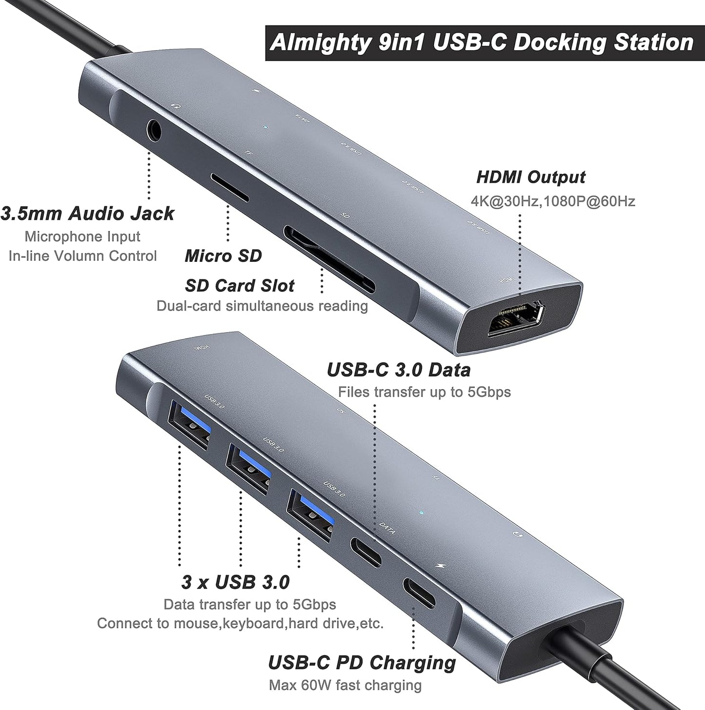 USB C Adapter Docking Station for Galaxy dex iPad Pro,USB-C Multiport Adapter with 4K HDMI,3.5mm Jack,PD 100W,3 USB3.0,SD/TF Card Slot,for MacBook iPhone 15 Samsung Tab