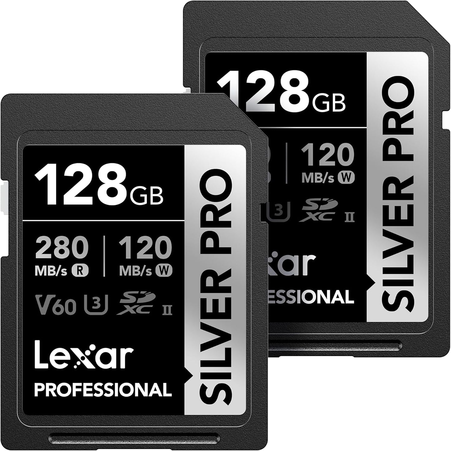 Lexar 128GB (2-PK) Professional SILVER PRO SD Card, UHS-II, C10, U3, V60, Full HD, 4K, Up To 280MB/s Read SDXC Memory Card, for Professional Photographer, Videographer, Enthusiast (LSDSIPR128G-B2NNU)