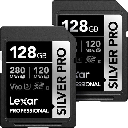 Lexar 128GB (2-PK) Professional SILVER PRO SD Card, UHS-II, C10, U3, V60, Full HD, 4K, Up To 280MB/s Read SDXC Memory Card, for Professional Photographer, Videographer, Enthusiast (LSDSIPR128G-B2NNU)