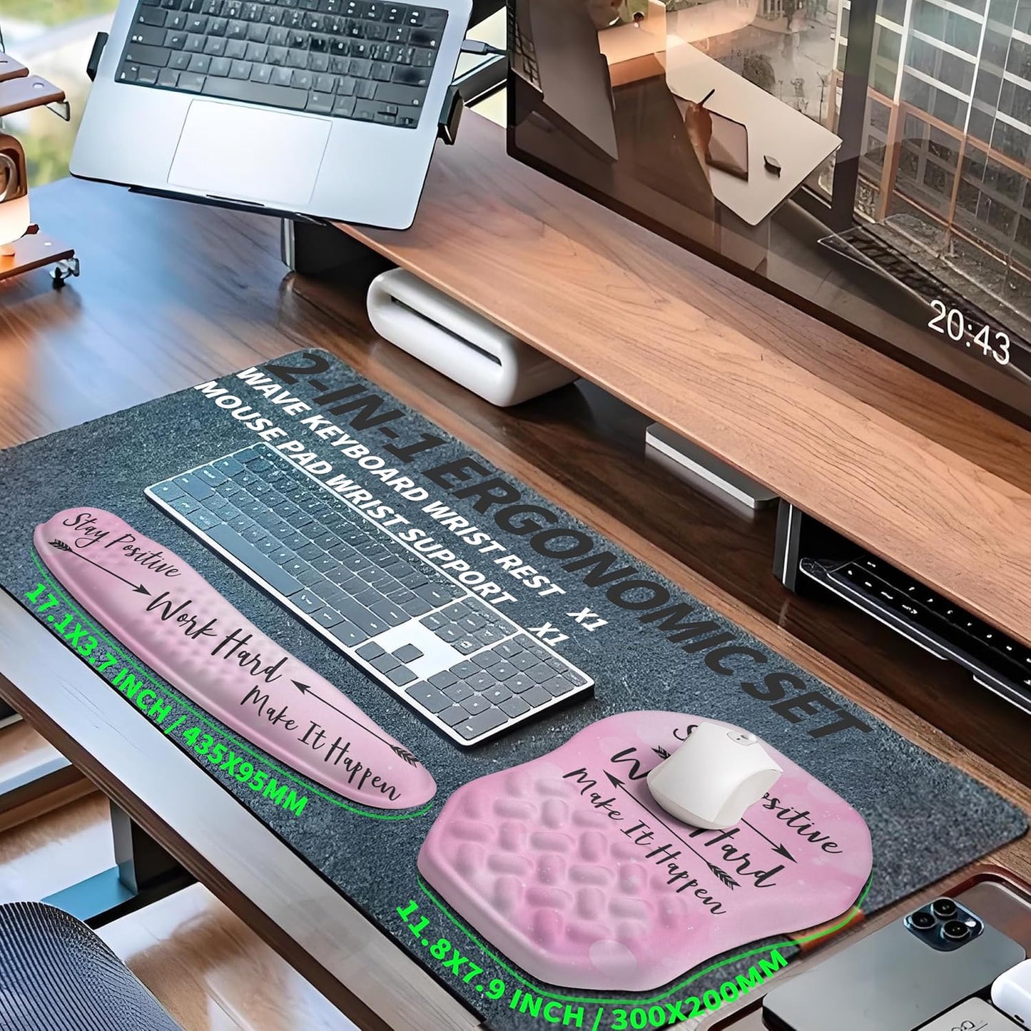 2-in-1 Ergonomic Set, Wave Keyboard Wrist Rest and Massage Slope Mouse Pad Wrist Support, Rebound Memory Foam for Relieve Carpal Tunnel Syndrome and Wrist Pain (Stay Positive)