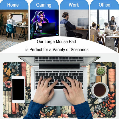 Floral Books Desk Mat Reading Desk Pad Mouse Mat XXL, Colorful Mouse Keyboard Pad Flower Bookshelf Desktop Mat, Long Computer Mats Aesthetic Desk Accessory Reader's Home Decor 31.5" x 15.7"