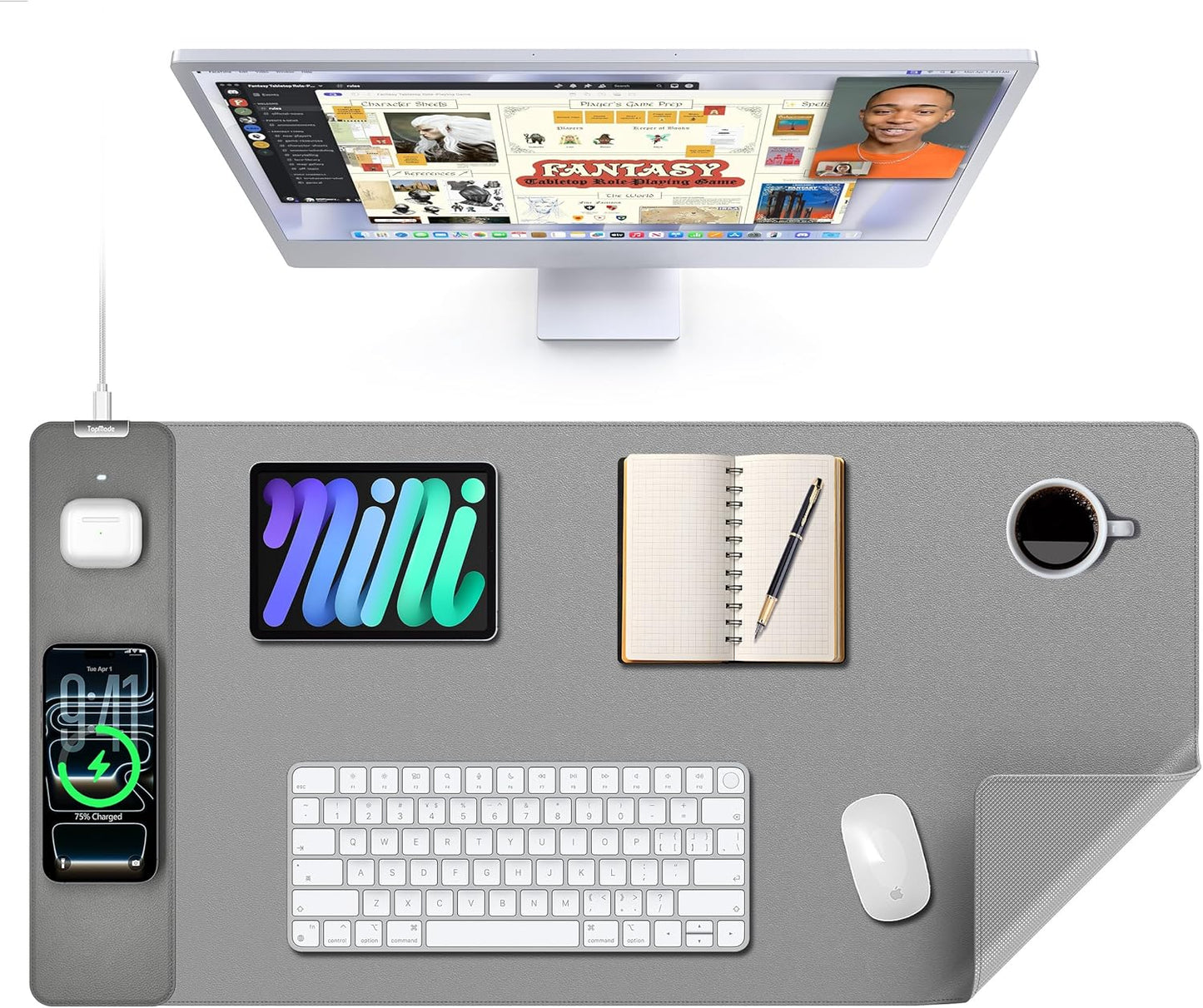 TopMade Mouse Pad with 15W Wireless Charging, XXL Large Leather Desk Mat, Waterproof Gaming Mousepad Home Office Desk Pad Protector, Computer Keyboard Pad, Mouse Mat for for MacBook, PC, Laptop, Gray