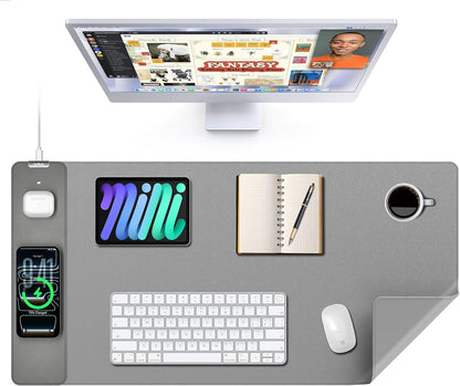 TopMade Mouse Pad with 15W Wireless Charging, XXL Large Leather Desk Mat, Waterproof Gaming Mousepad Home Office Desk Pad Protector, Computer Keyboard Pad, Mouse Mat for for MacBook, PC, Laptop, Gray