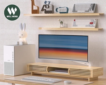 Dual Monitor Stand Riser with Sliding Door, Double Computer Laptop Stand Desk Shelf Organizer with Storage (Natural Bamboo, 38 Inch)