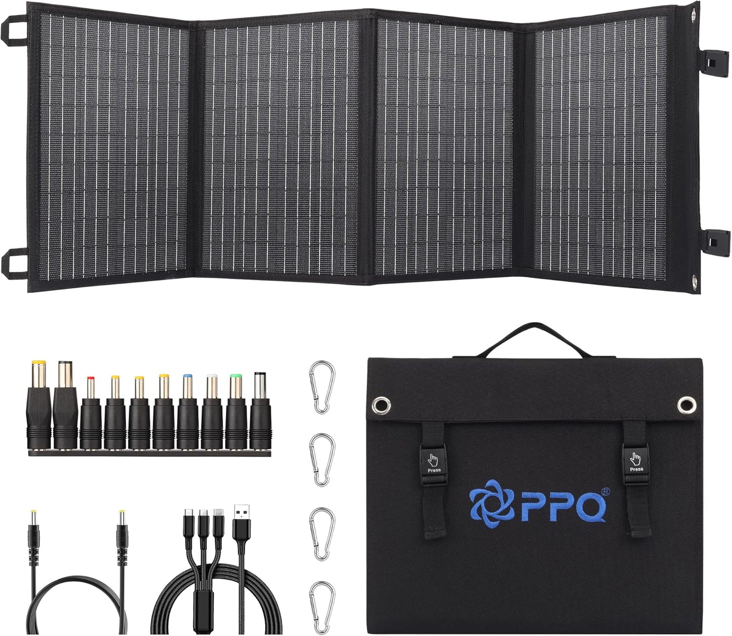 PPQ 40W Portable Solar Panel Kit 18V/2.2A,3lb Foldable Briefcase Solar Charger w/ 24% Efficiency,2 Cables & 14 Outputs for All Phones, Pads, Camping Power Banks, IP67 Waterproof