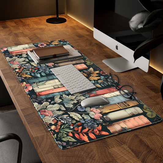 Floral Books Desk Mat Reading Desk Pad Mouse Mat XXL, Colorful Mouse Keyboard Pad Flower Bookshelf Desktop Mat, Long Computer Mats Aesthetic Desk Accessory Reader's Home Decor 31.5" x 15.7"