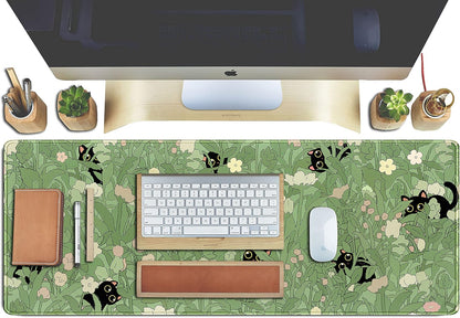 Cute Green Leaves Pink Flowers Mouse Pad Desk Pad Kawaii Anime Cat Desktop Protector Decor Desk Mat, XL Large Gaming Mousepad for Girl Women Laptop Computer Keyboard and Mouse Mat 31.5x11.8 in