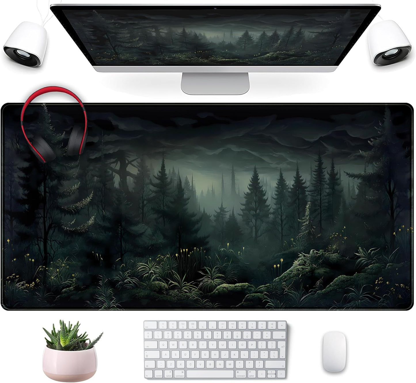 Cute Dark Gloomy Forest Desk Mat, Gothic XXL Large Extended Gaming Mouse Pad Mat, Non-Slip Rubber Base Mousepad Computer Keyboard and Mouse Mat, Desk Pad with Stitched Edges, 31.5x15.75 in