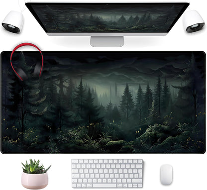 Cute Dark Gloomy Forest Desk Mat, Gothic XXL Large Extended Gaming Mouse Pad Mat, Non-Slip Rubber Base Mousepad Computer Keyboard and Mouse Mat, Desk Pad with Stitched Edges, 31.5x15.75 in