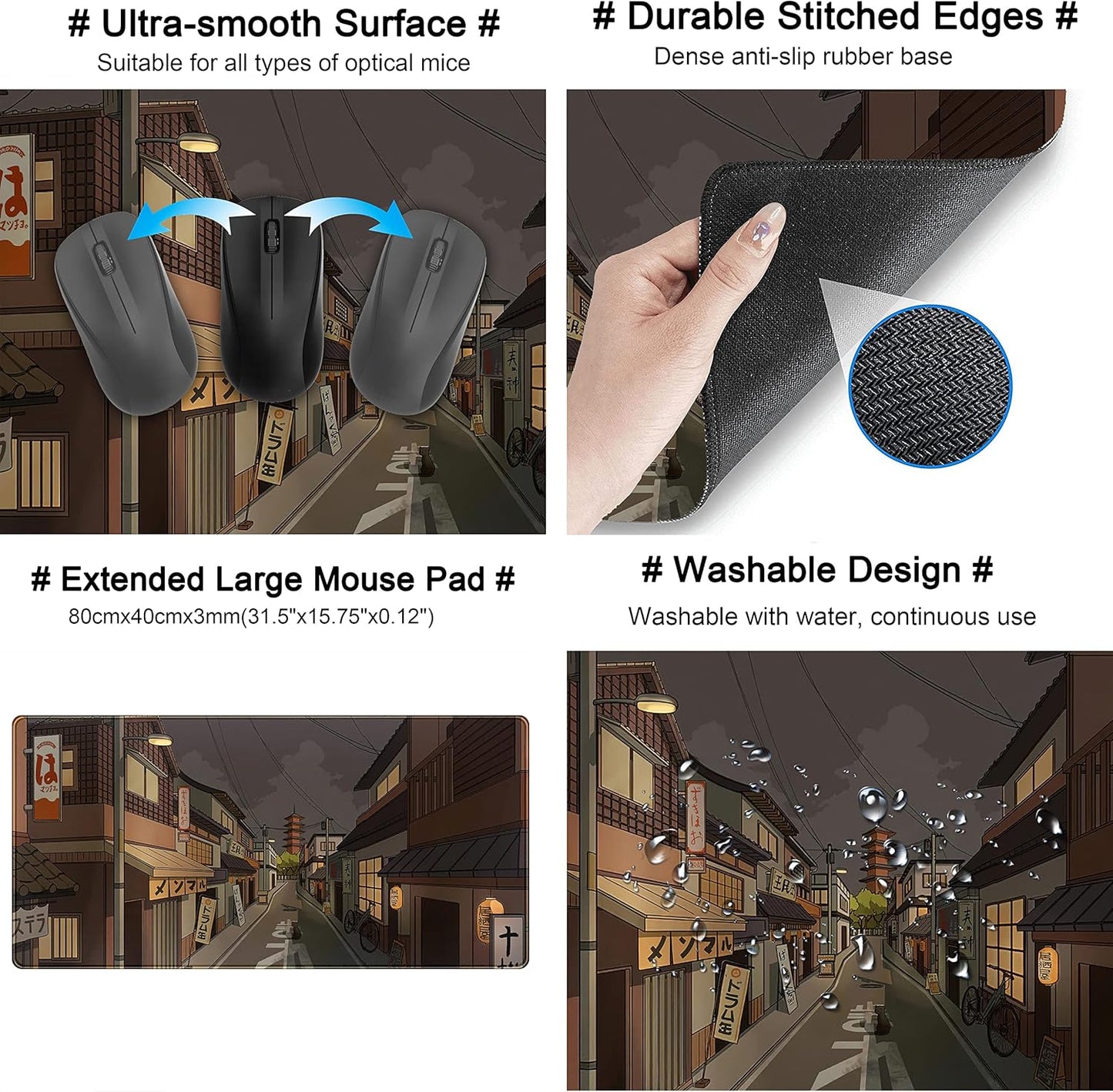 Tokyo Street at Night Kawaii Japanese XL Mouse Pad, Cute Gaming Desk Pads, Anime Large Desktop Mat, XXL Keyboard Mats, Extended Laptop Mat 31.5''X15.7''