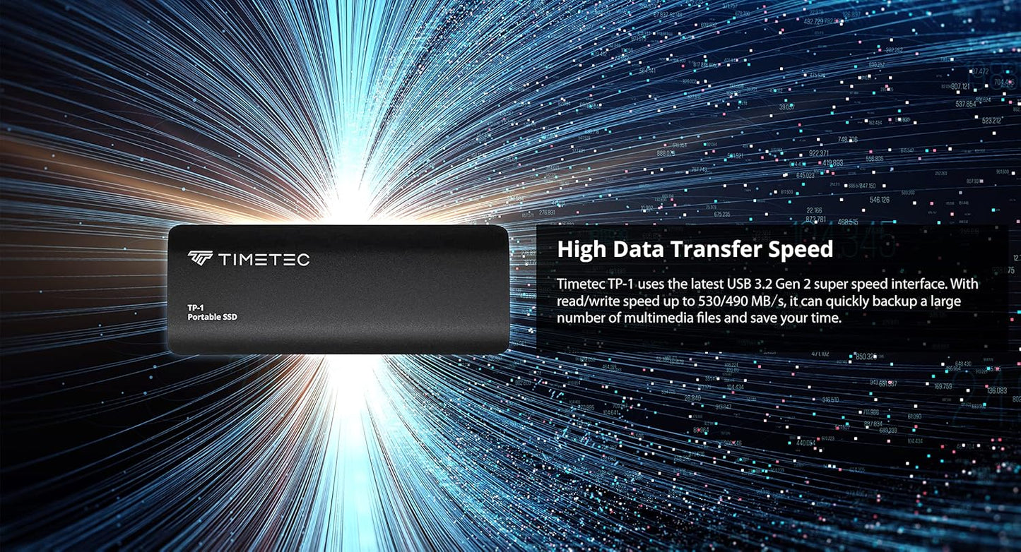 Timetec 512GB Portable External SSD USB3.2 Gen2 Type C Up to 550MB/s Ultra-Light Aluminum Mini External Solid State Drive with USB C to A Cable/USB A to C adapter for Desktops/Laptop/Mac/Mobile- Black
